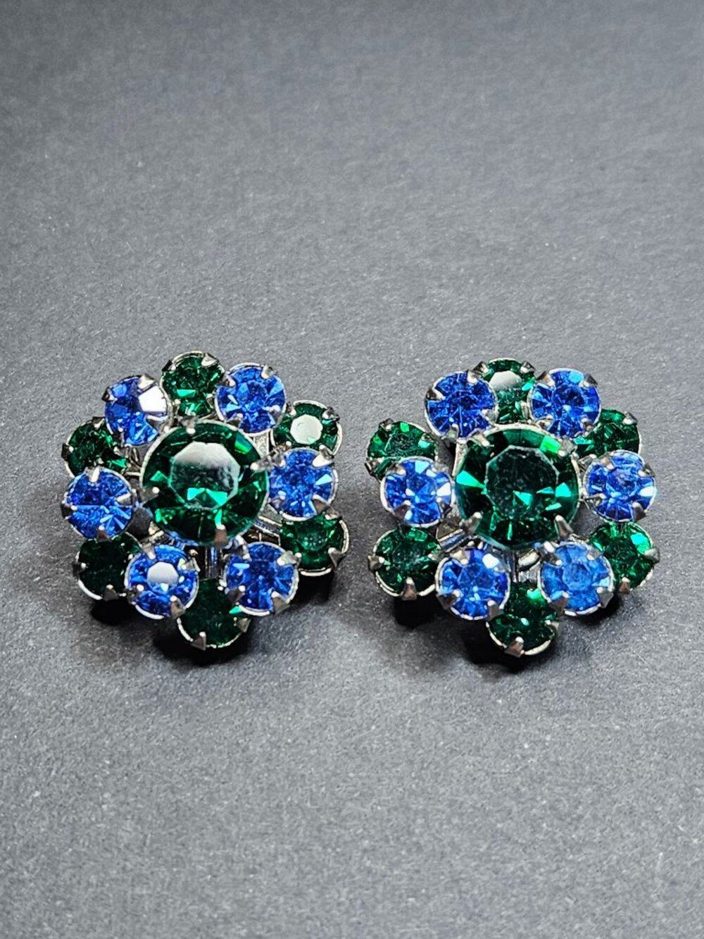 Vintage Mid-Century Rhinestone Clip-on Earrings green and blue